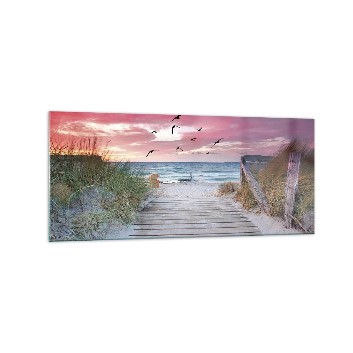Glasbild - Bild auf glas - Holzweg am Strand bei rosa Sonnenuntergang - 120x50cm - Baltischer Eindruck - Moderne Wanddekoration für Wohnzimmer und Schlafzimmer ARTTOR