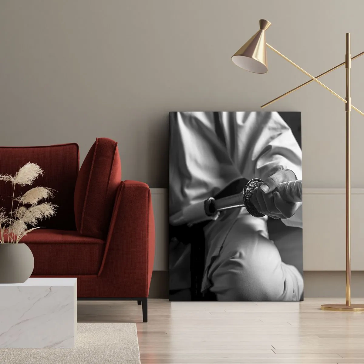 Bild auf Leinwand - Leinwandbild - Ein Samurai im Kimono hält ein Katana in Schwarz und Weiß. - 50x70cm - Kriegerseele - Moderne Wanddekoration für Wohnzimmer und Schlafzimmer ARTTOR