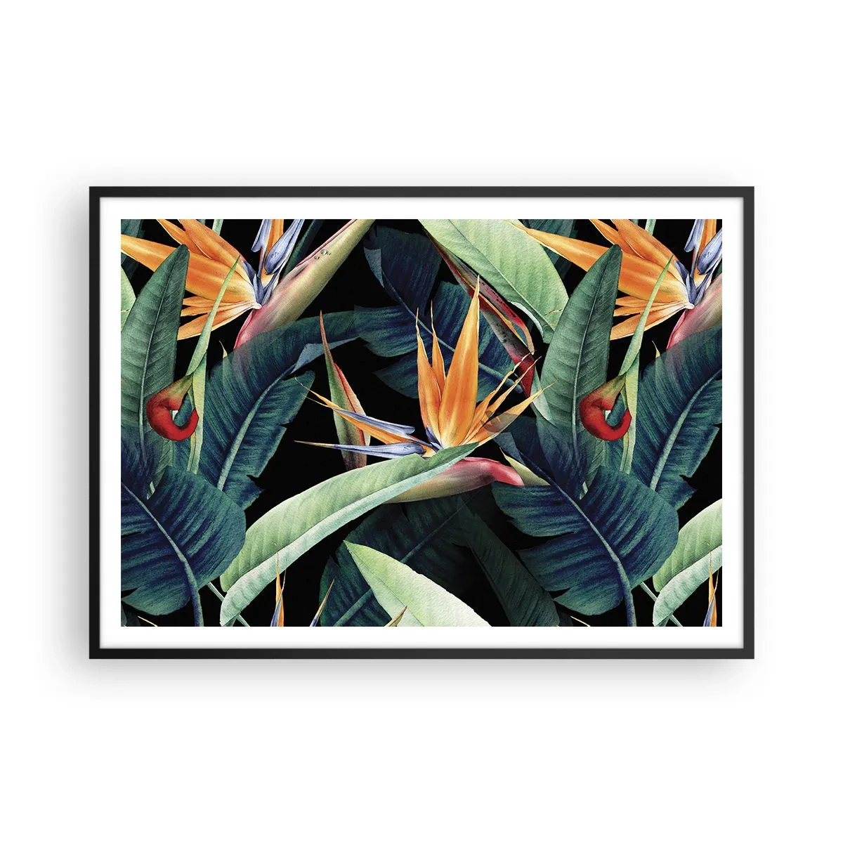 Poster in einem schwarzem Rahmen - Tropische Blumen und Blätter auf schwarzem Hintergrund - 100x70cm - Flammende Blumen der Tropen - Moderne Wanddekoration für Wohnzimmer und Schlafzimmer ARTTOR