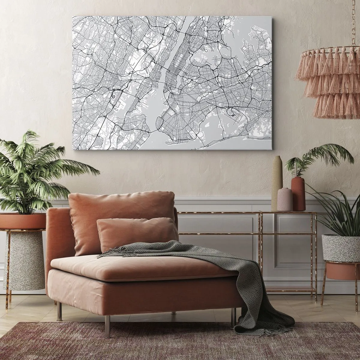 Bild auf Leinwand - Leinwandbild - Ein Stadtplan im minimalistischen Stil auf grauem Hintergrund - 70x50cm - Die Anatomie einer Metropole - Moderne Wanddekoration für Wohnzimmer und Schlafzimmer ARTTOR
