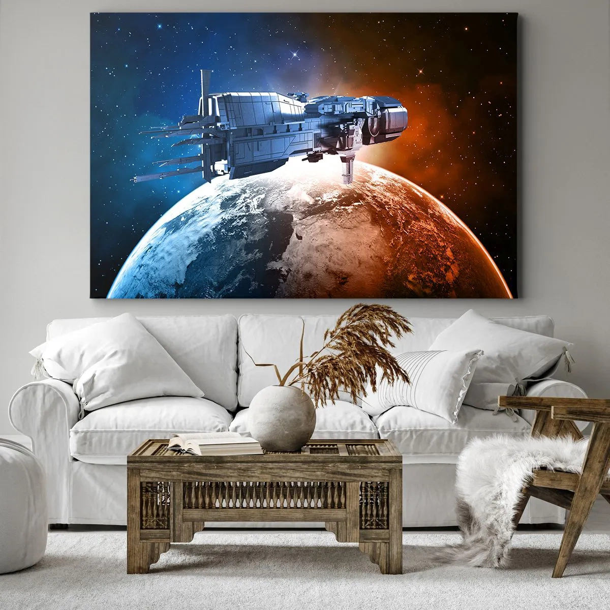 Bild auf Leinwand - Leinwandbild - Ein Raumschiff vor dem Hintergrund eines Planeten im Weltraum - 70x50cm - Ein aufmerksamer Beobachter - Moderne Wanddekoration für Wohnzimmer und Schlafzimmer ARTTOR