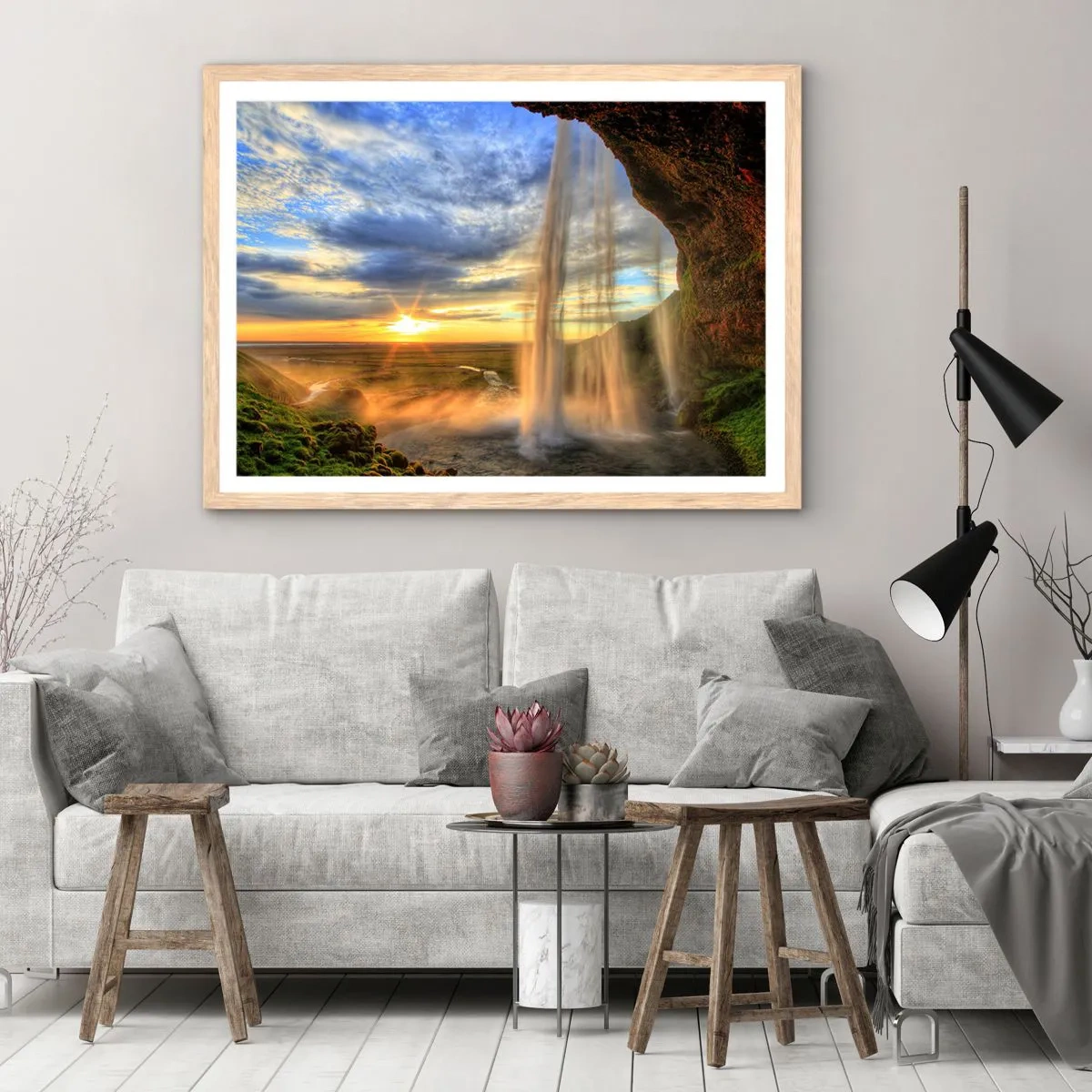 Poster in einem Rahmen aus heller Eiche - Die Welt hinter einem Schleier aus Tropfen - 70x50 cm