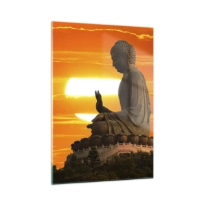 Glasbild - Bild auf glas - Buddha-Statue vor dem Hintergrund der untergehenden Sonne - 50x70cm - Keine Angst vor der Welt - Moderne Wanddekoration für Wohnzimmer und Schlafzimmer ARTTOR