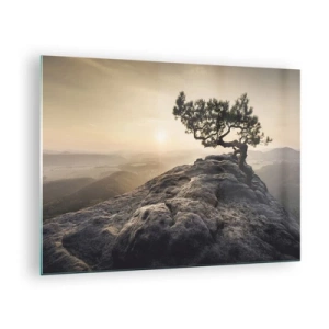 Glasbild - Bild auf glas - Ein Baum auf einem Felsen im Licht der aufgehenden Sonne - 70x50cm - Das Leben gewinnt immer - Moderne Wanddekoration für Wohnzimmer und Schlafzimmer ARTTOR