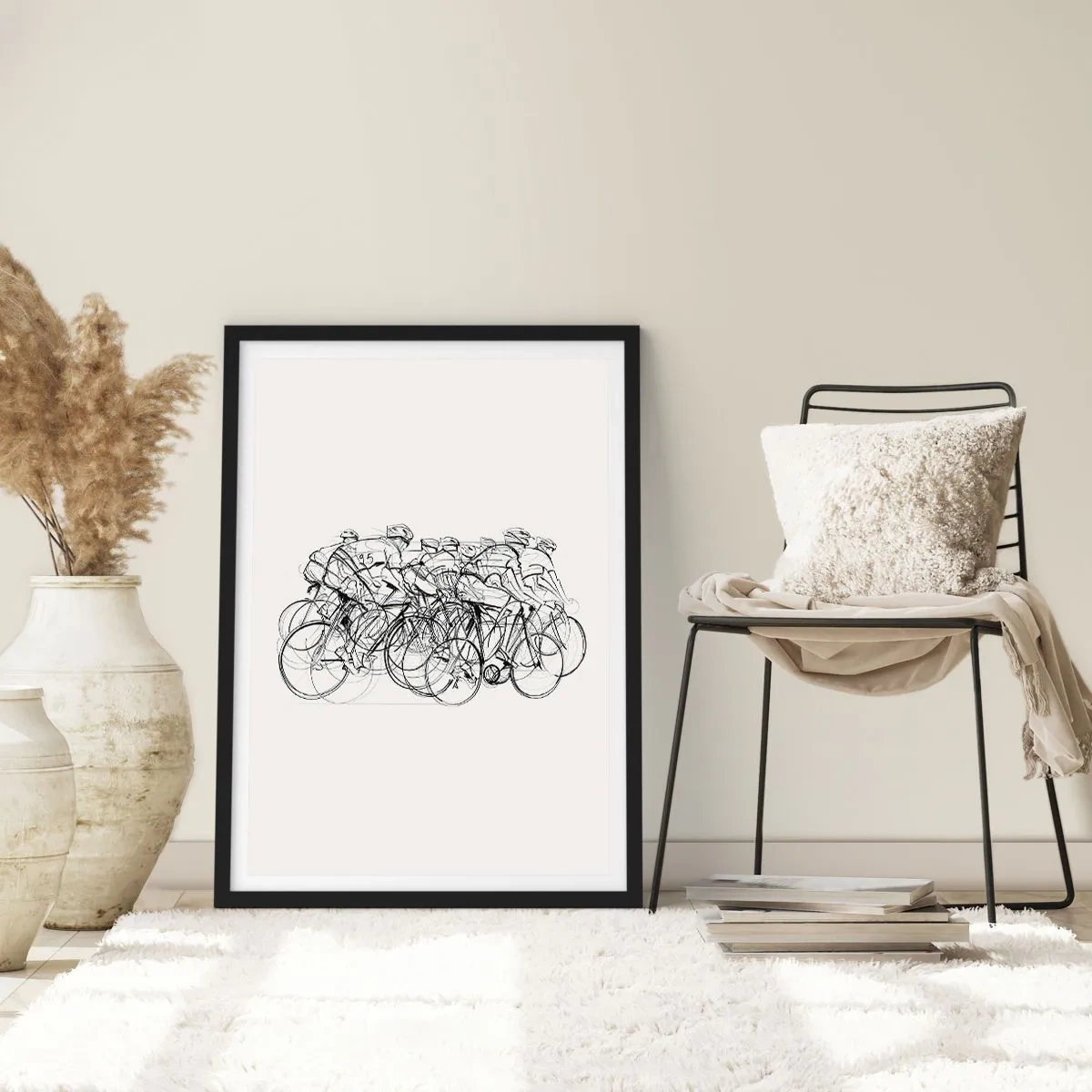 Poster in einem schwarzem Rahmen - Skizze eines Radrennfahrers vor minimalistischem Hintergrund - 50x70cm - Gemeinsam als Team - Moderne Wanddekoration für Wohnzimmer und Schlafzimmer ARTTOR