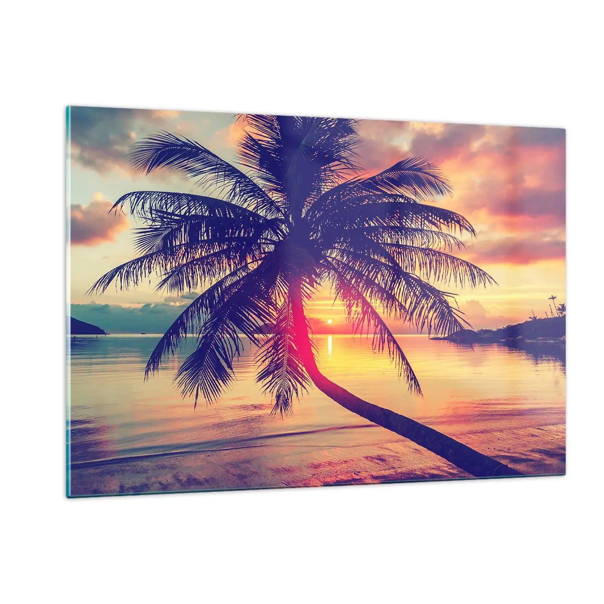 Glasbild - Bild auf glas - Palme bei Sonnenuntergang über einem ruhigen Meer - 120x80cm - Abend unter Palmen - Moderne Wanddekoration für Wohnzimmer und Schlafzimmer ARTTOR