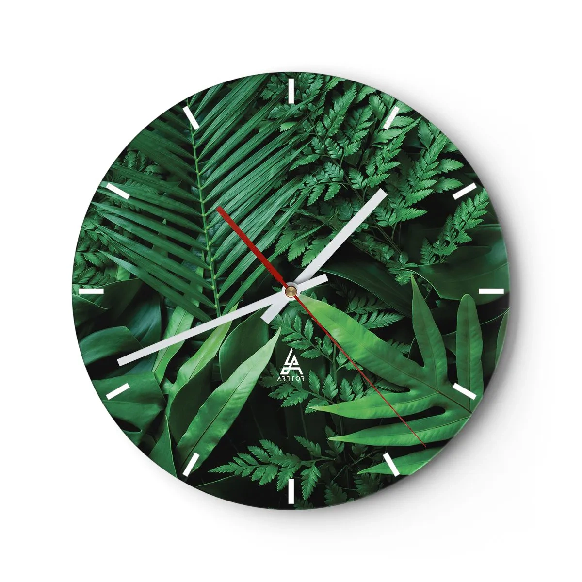 Wanduhr - Glasuhr - Tropisch grüne Blätter schaffen eine dichte, natürliche Komposition - 30x30cm - Eingebettet ins Grüne - Moderne Wanddekoration für Wohnzimmer, Küche und Schlafzimmer ARTTOR