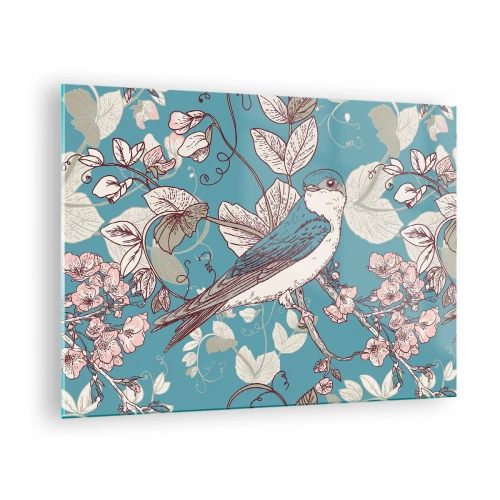 Glasbild - Bild auf glas - Ein Vogel auf einem Ast zwischen Blumen auf türkisfarbenem Hintergrund - 70x50cm - Im Weißholz von Rot und Silber - Moderne Wanddekoration für Wohnzimmer und Schlafzimmer ARTTOR