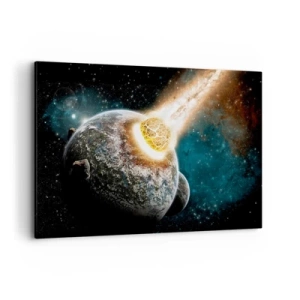 Bild auf Leinwand - Leinwandbild - Kosmische Kollision eines Planeten mit einem Asteroiden in der Nähe der Galaxie. - 120x80cm - Holocaust oder Geburt? - Moderne Wanddekoration für Wohnzimmer und Schlafzimmer ARTTOR