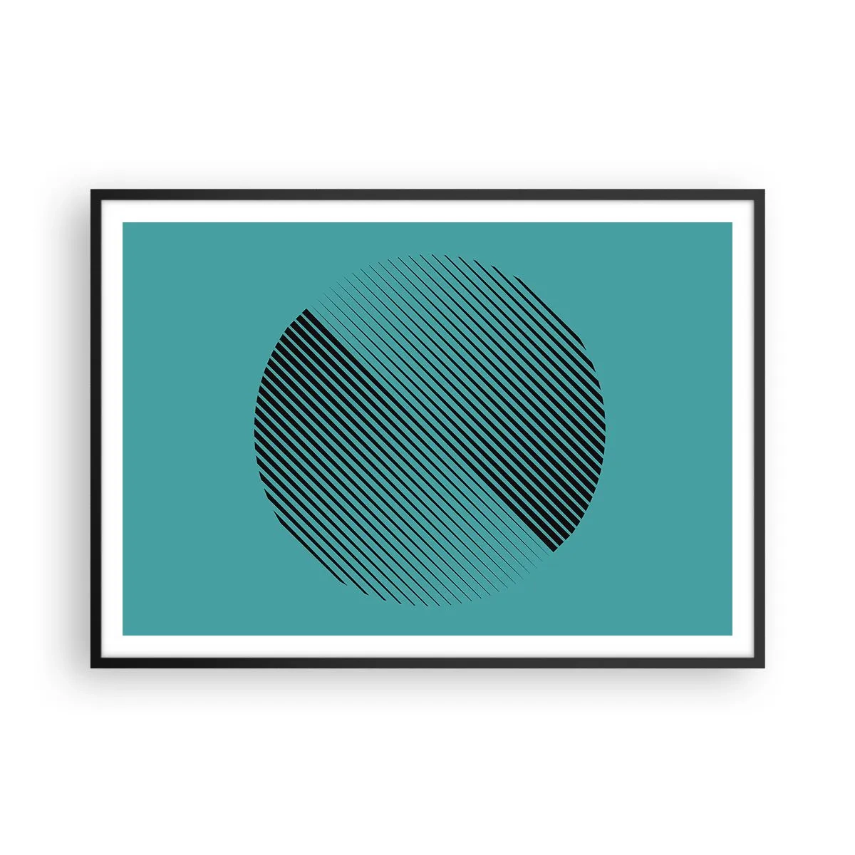 Poster in einem schwarzem Rahmen - Ein minimalistischer Kreis mit Linien auf türkisfarbenem Hintergrund. - 100x70cm - Kreis – eine geometrische Variante - Moderne Wanddekoration für Wohnzimmer und Schlafzimmer ARTTOR