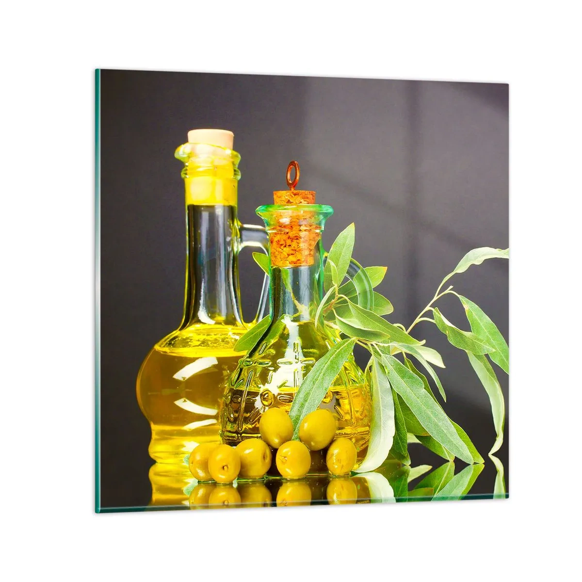 Glasbild - Bild auf glas - Stillleben mit Oliven und Olivenöl - 30x30 cm