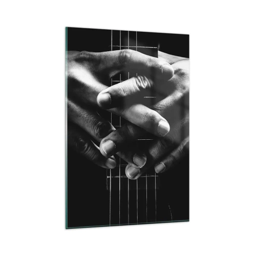 Glasbild - Bild auf glas - Hände auf einer Gitarre in einem monochromen Ton gefaltet - 80x120cm - Gebet des Künstlers - Moderne Wanddekoration für Wohnzimmer und Schlafzimmer ARTTOR