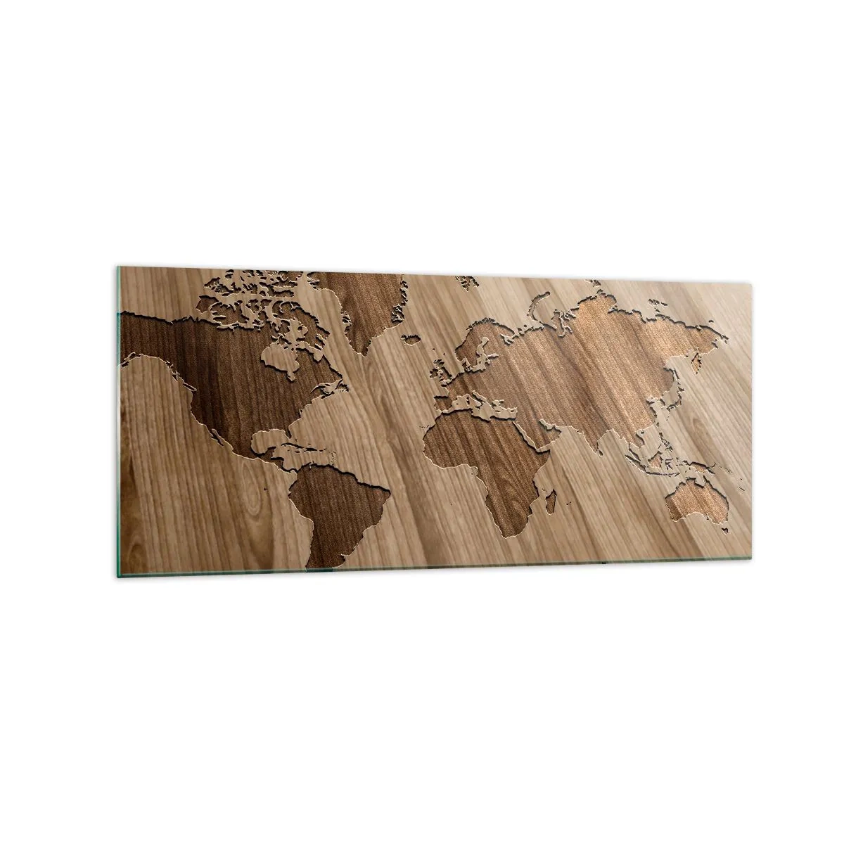 Glasbild - Bild auf glas - Eine aus einer Holzoberfläche ausgeschnittene Weltkarte - 120x50cm - Die Welt liegt auf dem Tisch - Moderne Wanddekoration für Wohnzimmer und Schlafzimmer ARTTOR