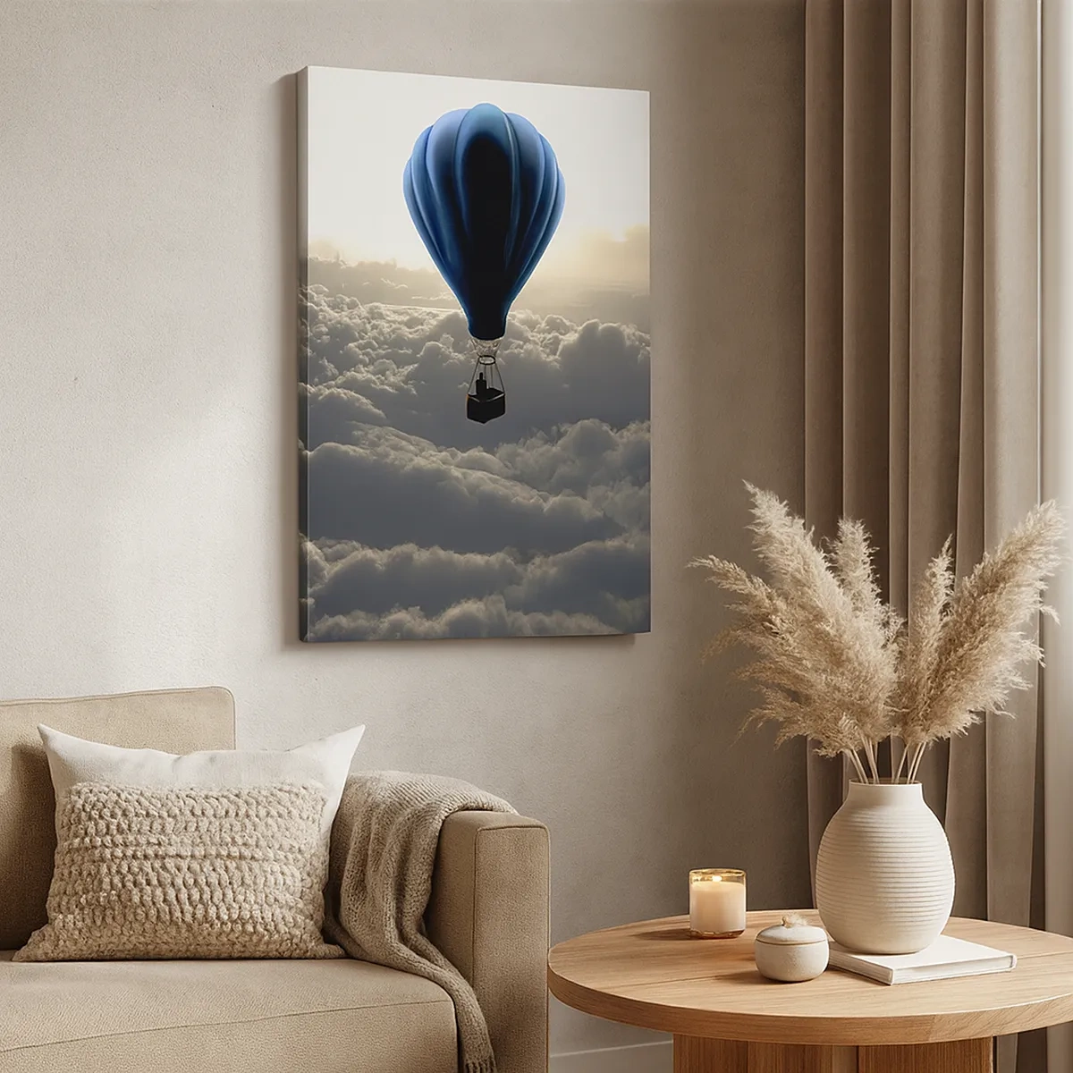 Bild auf Leinwand - Leinwandbild - Ein Heißluftballon vor einem Himmel mit Wolken bei Sonnenuntergang - 50x70cm - Ein Wanderer über den Wolken - Moderne Wanddekoration für Wohnzimmer und Schlafzimmer ARTTOR