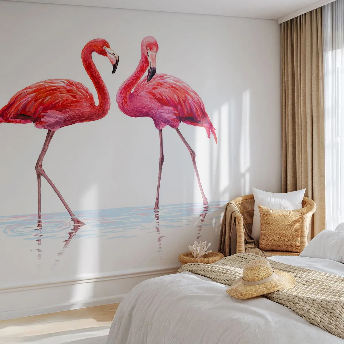 Fototapete Premium Sand - Zwei rosa Flamingos stehen im Wasser - 100x70cm - Rosa randez-vous - Moderne Wanddekoration für Wohnzimmer und Schlafzimmer ARTTOR