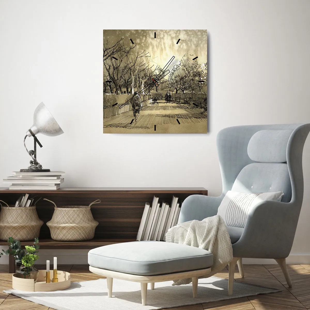 Wanduhr - Glasuhr - Eine Cartoon-Szene eines Parks mit spazierenden Menschen in warmen Tönen. - 30x30cm - Ein Moment mit einer Feder angehalten - Moderne Wanddekoration für Wohnzimmer und Schlafzimmer ARTTOR