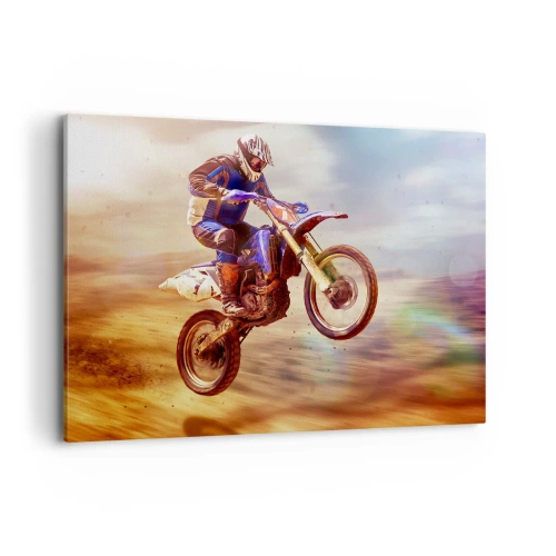 Bild auf Leinwand - Leinwandbild - Ein Motorradfahrer im Flug während einer dynamischen Offroad-Fahrt - 100x70cm - Motorradschwindel - Moderne Wanddekoration für Wohnzimmer und Schlafzimmer ARTTOR