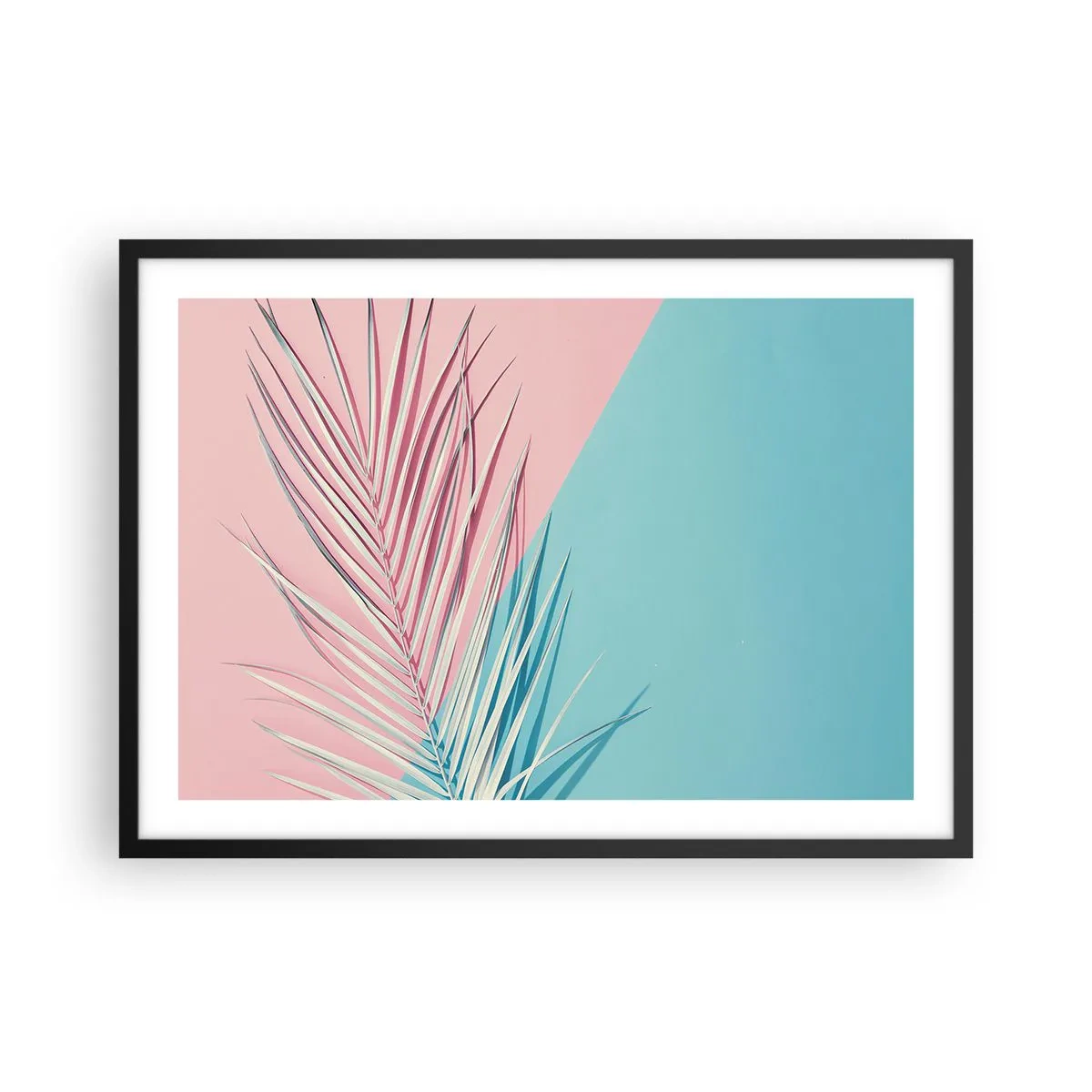 Poster in einem schwarzem Rahmen - Tropisches Blatt vor einem Hintergrund in Pastelltönen von Rosa und Blau - 70x50cm - Tropischer Eindruck - Moderne Wanddekoration für Wohnzimmer und Schlafzimmer ARTTOR
