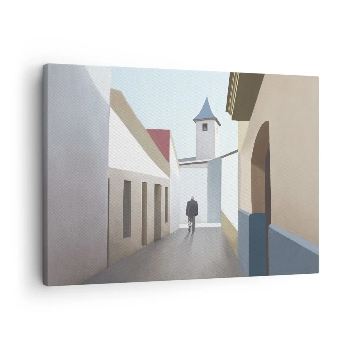 Bild auf Leinwand - Leinwandbild - Eine minimalistische Straße mit der Silhouette eines Mannes im Hintergrund - 70x50cm - Sonniger Spaziergang - Moderne Wanddekoration für Wohnzimmer und Schlafzimmer ARTTOR