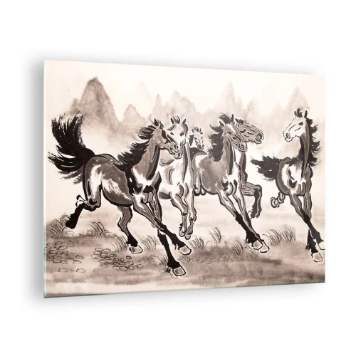 Glasbild - Bild auf glas - Eine Gruppe galoppierender Pferde im chinesischen Stil - 70x50cm - In freudigem Galopp - Moderne Wanddekoration für Wohnzimmer und Schlafzimmer ARTTOR