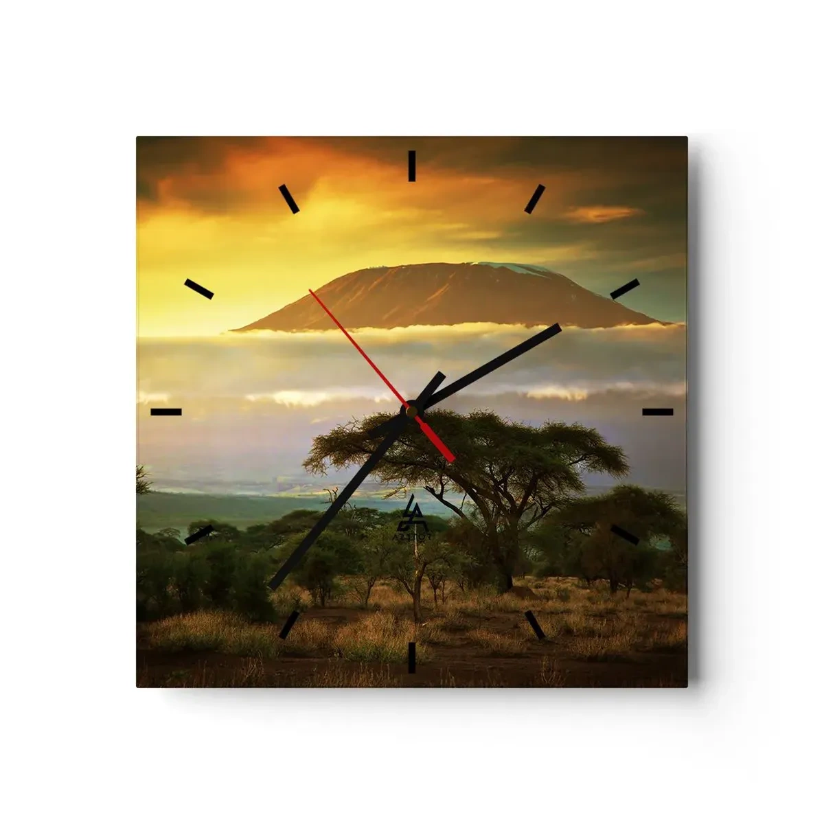 Wanduhr - Glasuhr - Afrikanische Landschaft mit Kilimandscharo bei Sonnenaufgang - 30x30cm - Ein Reisetraum - Moderne Wanddekoration für Wohnzimmer und Schlafzimmer ARTTOR