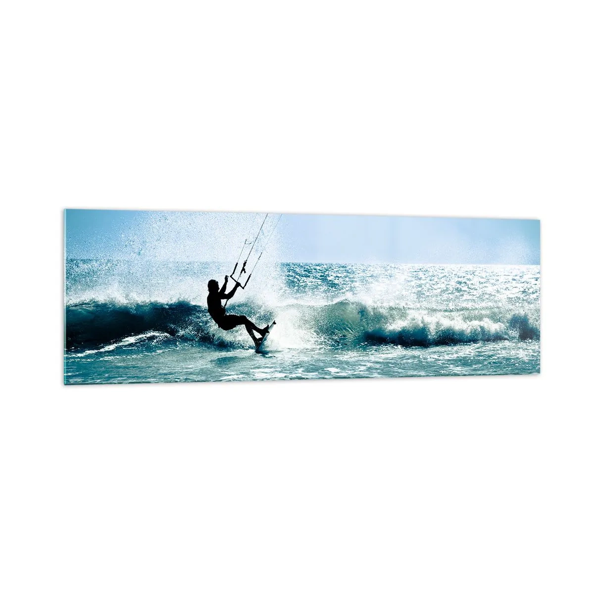 Glasbild - Bild auf glas - Kitesurfer reitet eine Welle in der vollen Sonne - 160x50cm - Hinreißen lassen - Moderne Wanddekoration für Wohnzimmer und Schlafzimmer ARTTOR