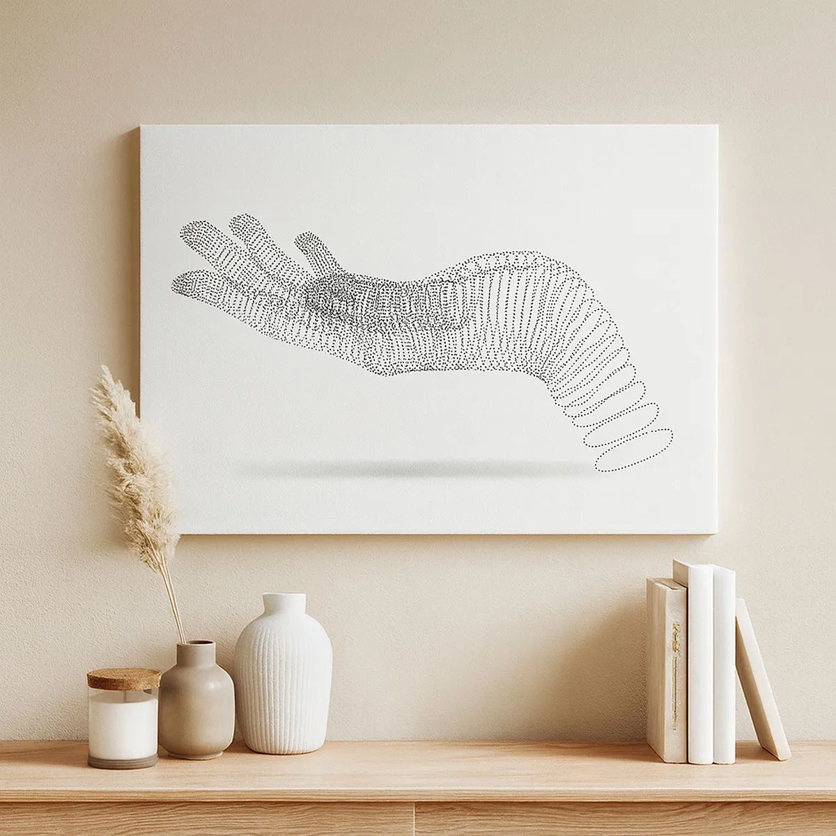 Bild auf Leinwand - Leinwandbild - Eine minimalistische Illustration einer Hand aus schwarzen Punkten auf weißem Hintergrund. - 70x50cm - Federnde Hand - Moderne Wanddekoration für Wohnzimmer und Schlafzimmer ARTTOR