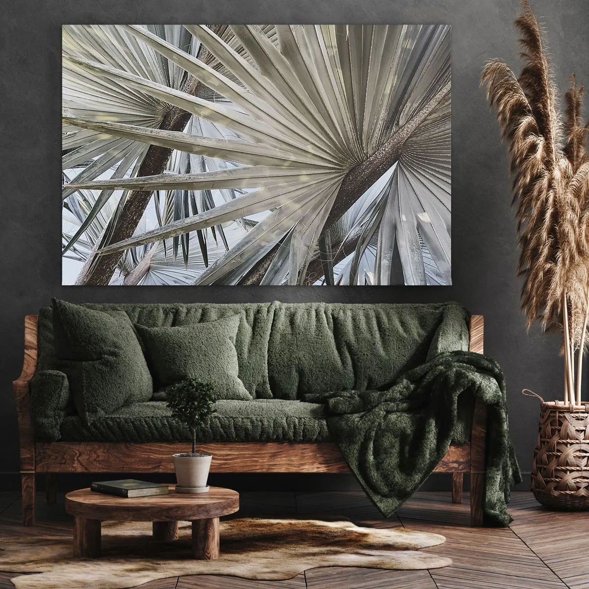 Bild auf Leinwand - Leinwandbild - Nahaufnahme von Palmblättern in natürlichen Grüntönen - 120x80cm - Fans in den Tropen - Moderne Wanddekoration für Wohnzimmer und Schlafzimmer ARTTOR