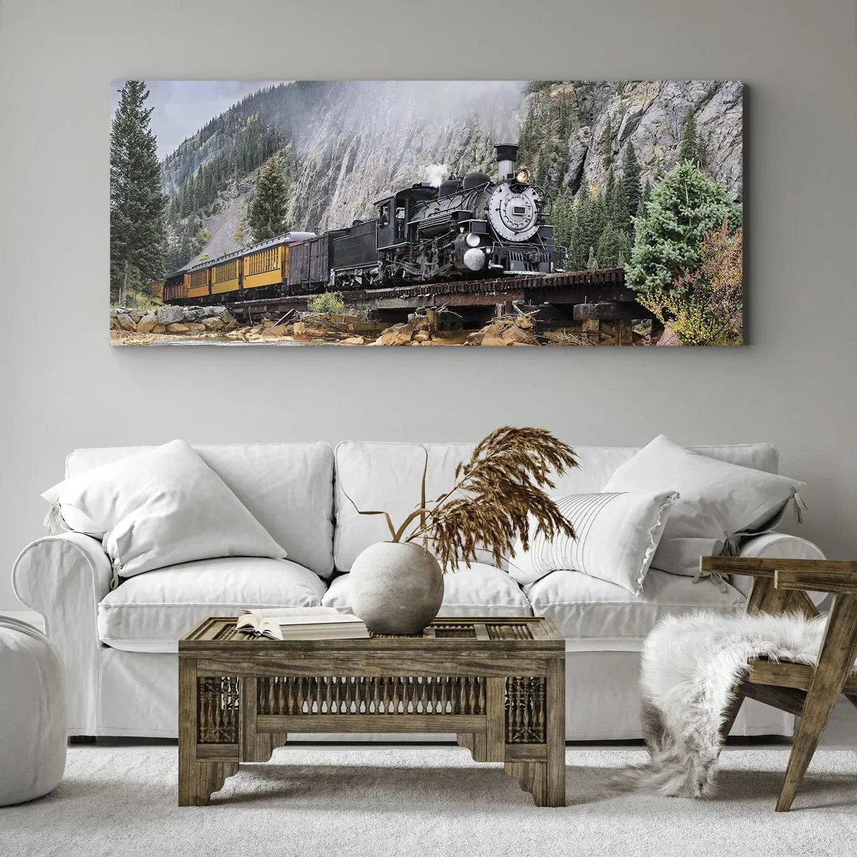 Bild auf Leinwand - Leinwandbild - Eine Dampflokomotive auf einer Brücke in einer malerischen Berglandschaft - 160x50cm - Wo willst du hin? Wohin? - Moderne Wanddekoration für Wohnzimmer und Schlafzimmer ARTTOR