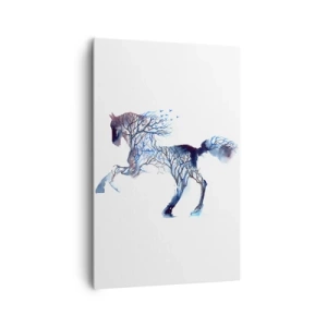 Bild auf Leinwand - Leinwandbild - Künstlerische Pferdegrafik mit Baum- und Vogelmotiven - 80x120cm - Und als wäre der Wald umgezogen - Moderne Wanddekoration für Wohnzimmer und Schlafzimmer ARTTOR
