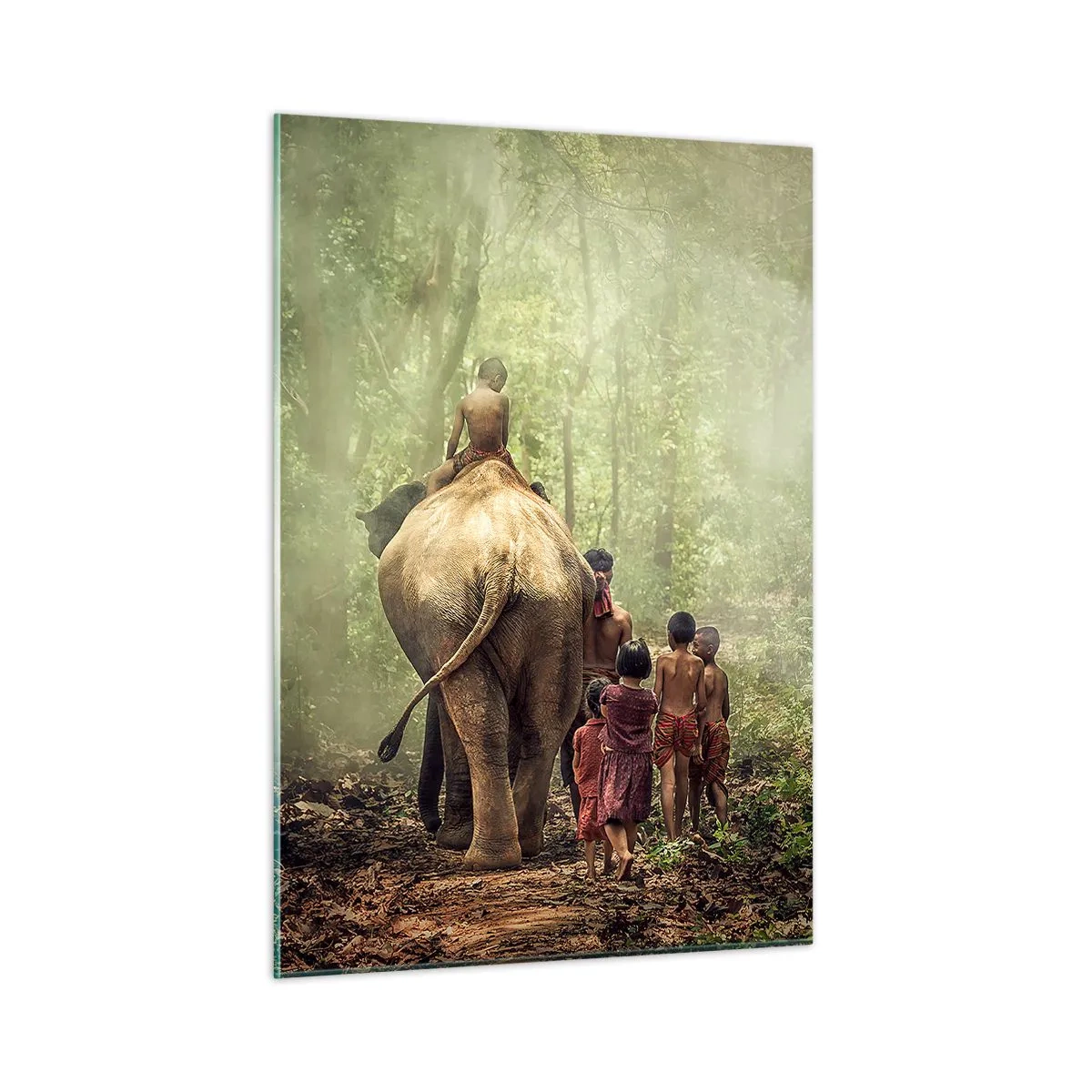 Glasbild - Bild auf glas - Ein Elefant im Wald mit Kindern in traditionellen Kostümen - 50x70cm - Neues Dschungelbuch - Moderne Wanddekoration für Wohnzimmer und Schlafzimmer ARTTOR