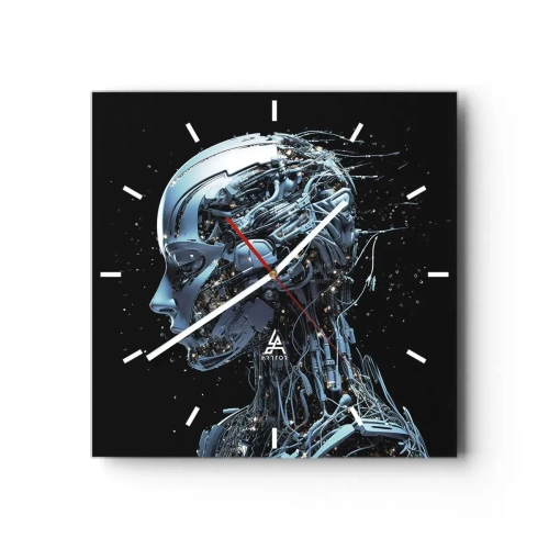 Wanduhr - Glasuhr - Futuristisches Porträt eines Cyborgs im Industriestil auf schwarzem Hintergrund. - 30x30cm - Technologie ist eine Frau - Moderne Wanddekoration für Wohnzimmer und Schlafzimmer ARTTOR