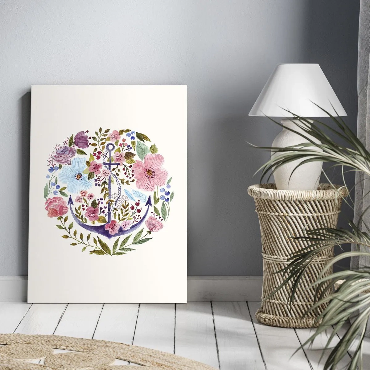 Bild auf Leinwand - Leinwandbild - Ein Anker, umgeben von Aquarellblumen auf hellem Hintergrund - 70x100cm - Guter Traum eines Seemanns - Moderne Wanddekoration für Wohnzimmer und Schlafzimmer ARTTOR