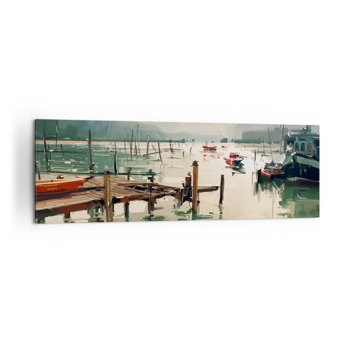 Bild auf Leinwand - Leinwandbild - Ein malerischer Hafen mit Booten auf ruhigem Wasser - 160x50cm - Durchnässt in einem geschmolzenen Mond - Moderne Wanddekoration für Wohnzimmer und Schlafzimmer ARTTOR