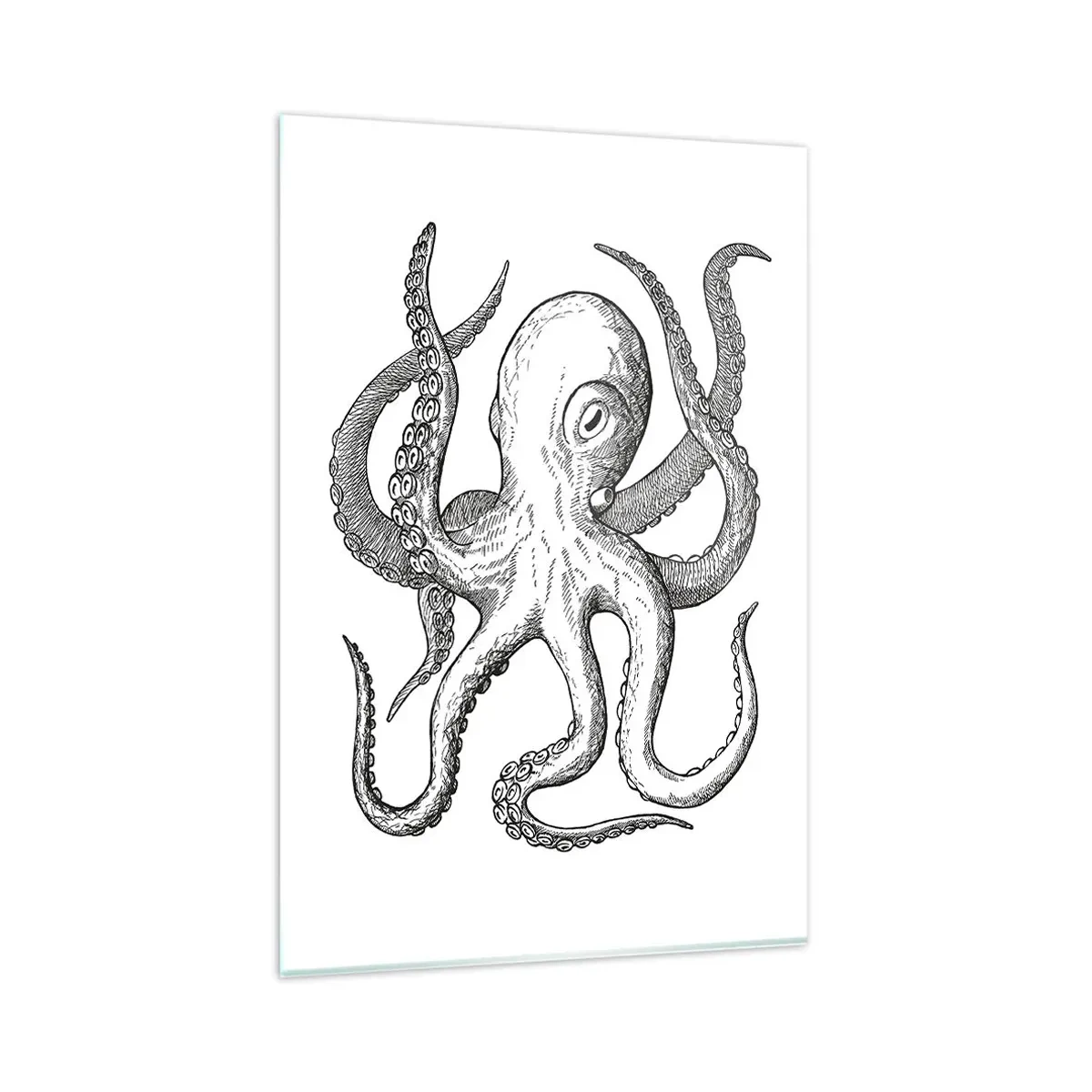 Glasbild - Bild auf glas - Schwarz-weiße Zeichnung eines Oktopus auf weißem Hintergrund im Vintage-Stil - 80x120cm - Mit den Wellen tanzen - Moderne Wanddekoration für Wohnzimmer und Schlafzimmer ARTTOR