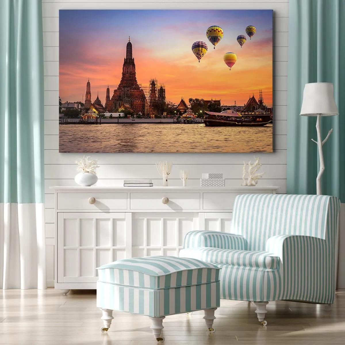 Bild auf Leinwand - Leinwandbild - Ein Tempel und Ballons vor dem Hintergrund der untergehenden Sonne über dem Fluss - 120x80cm - Hier werden Märchen geboren - Moderne Wanddekoration für Wohnzimmer und Schlafzimmer ARTTOR