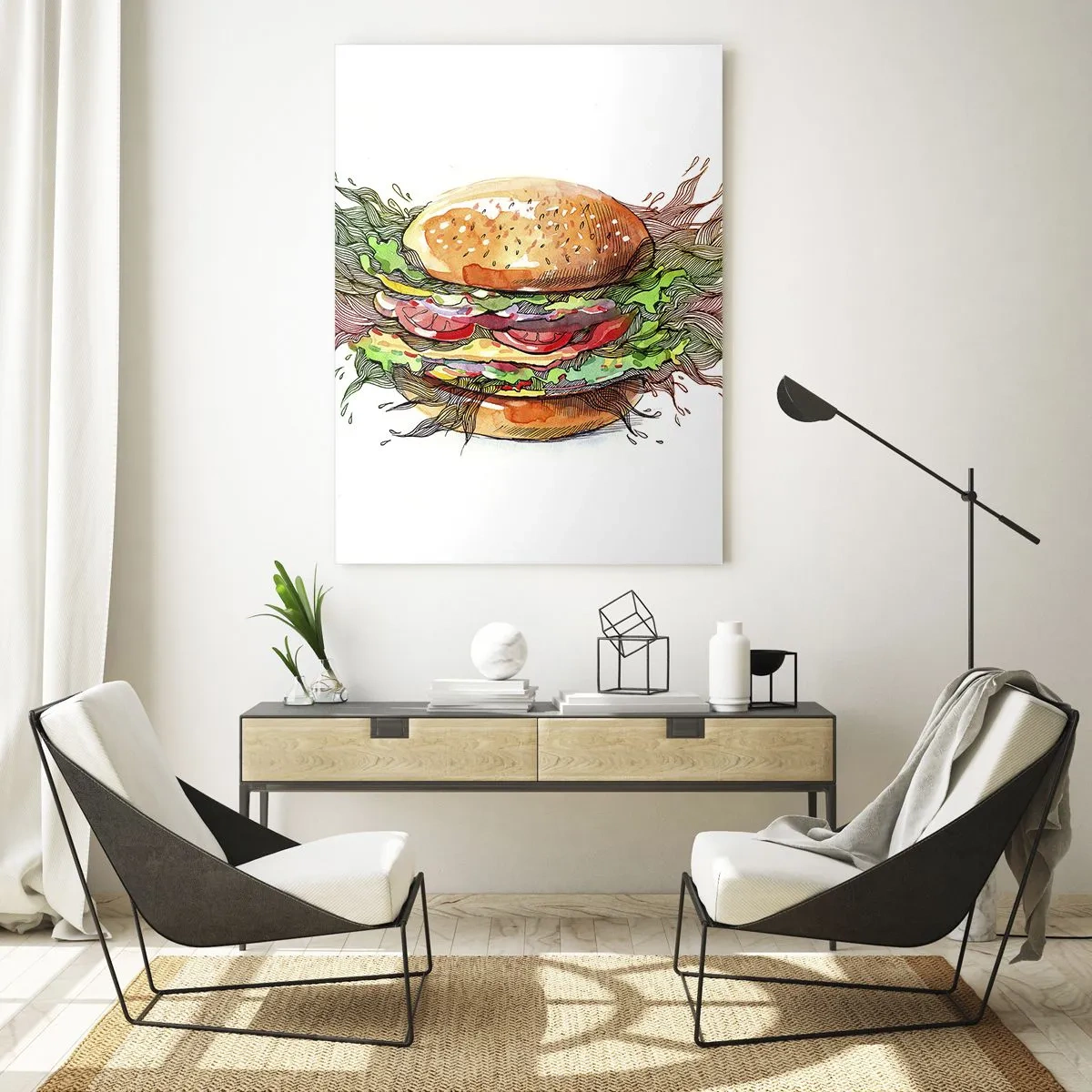 Glasbild - Bild auf glas - Künstlerische Zeichnung eines Burgers mit Aquarelldetails - 50x70cm - Heiße Versuchung - Moderne Wanddekoration für Wohnzimmer und Schlafzimmer ARTTOR
