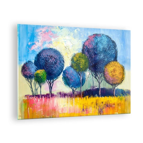 Glasbild - Bild auf glas - Bunte Bäume vor einem abstrakten Landschaftshintergrund - 70x50cm - Kugel - die Form des Ideals - Moderne Wanddekoration für Wohnzimmer und Schlafzimmer ARTTOR