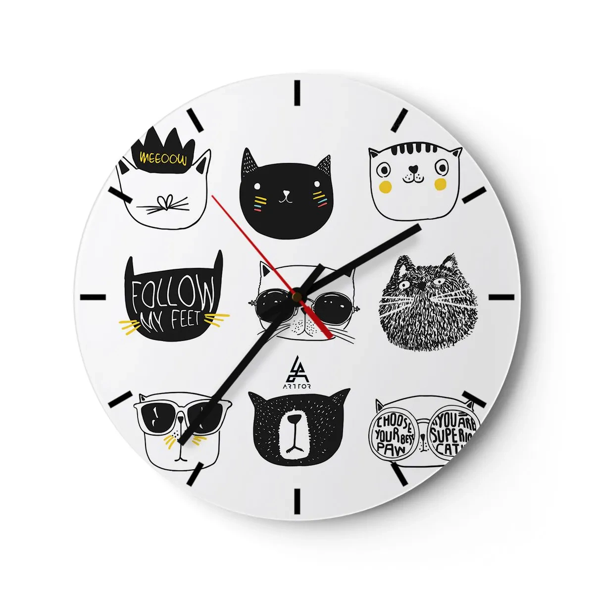 Wanduhr - Glasuhr - Lustige Illustrationen von Katzengesichtern - 30x30cm - Jeder andere - Moderne Wanddekoration für Wohnzimmer, Küche und Schlafzimmer ARTTOR