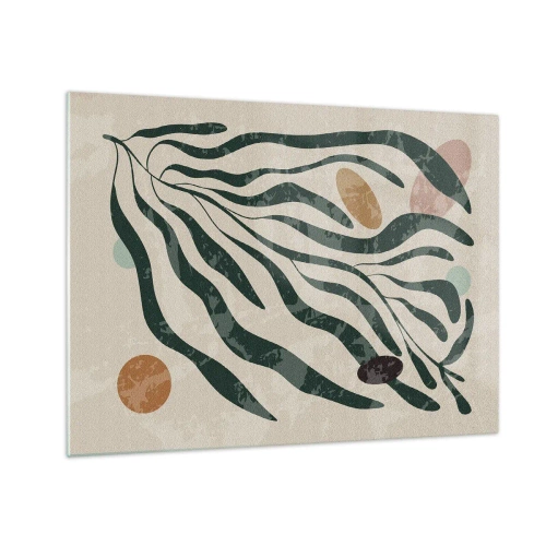 Glasbild - Bild auf glas - Organische Formen in Grün auf beigem Hintergrund - 70x50cm - Im Grünen - Moderne Wanddekoration für Wohnzimmer und Schlafzimmer ARTTOR