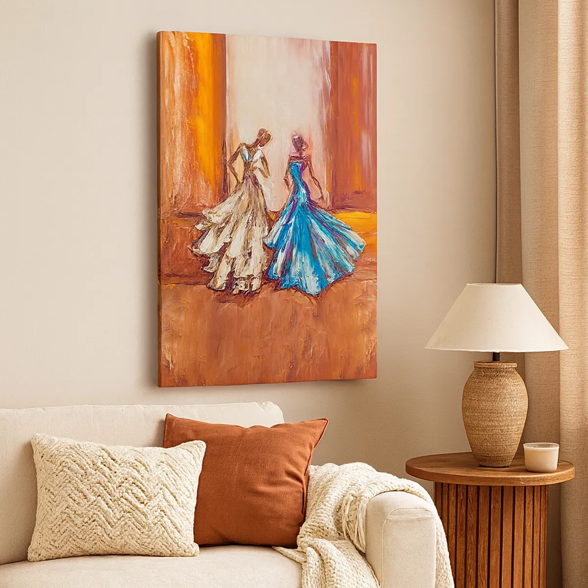 Bild auf Leinwand - Leinwandbild - Figuren in Abendkleidern im künstlerischen Stil - 50x70cm - Ein dankbares Duo - Moderne Wanddekoration für Wohnzimmer und Schlafzimmer ARTTOR