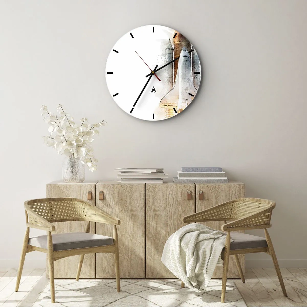 Wanduhr - Glasuhr - Raketenstart im Aquarellstil auf weißem Hintergrund - 30x30cm - Entdecker für den Anfang - Moderne Wanddekoration für Wohnzimmer, Küche und Schlafzimmer ARTTOR
