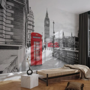 Fototapete Premium Sand - Rote Telefonzellen und Big Ben in London - 100x70cm - London, ohne Zweifel - Moderne Wanddekoration für Wohnzimmer und Schlafzimmer ARTTOR