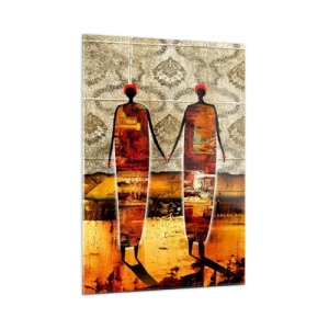 Glasbild - Bild auf glas - Zwei abstrakte Figuren vor einem Hintergrund aus Ornamenten und goldenen Farbtönen - 50x70cm - Ethnische Zusammensetzung in den Farben Afrikas - Moderne Wanddekoration für Wohnzimmer und Schlafzimmer ARTTOR