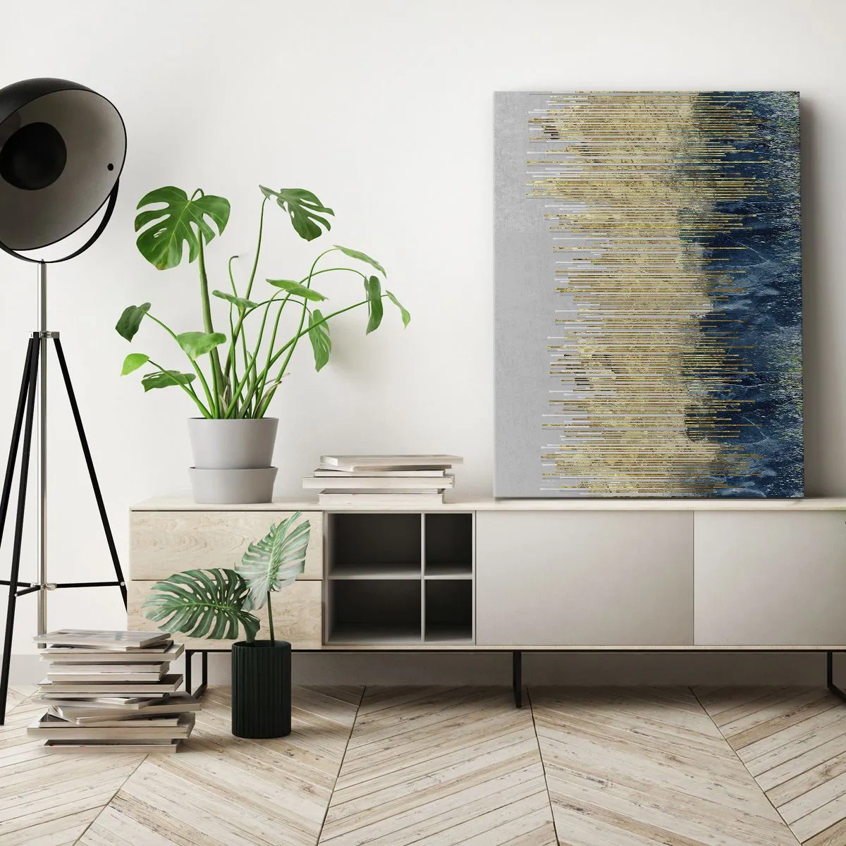 Bild auf Leinwand - Leinwandbild - Goldene Linien vor einem Hintergrund aus marineblauer und grauer Abstraktion - 80x120cm - Vergoldete Grenze - Moderne Wanddekoration für Wohnzimmer und Schlafzimmer ARTTOR