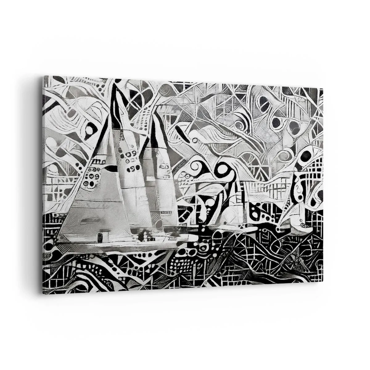 Bild auf Leinwand - Leinwandbild - Abstrakte Segelboote in einer monochromen Komposition - 120x80cm - Zwischen den Wellen - Moderne Wanddekoration für Wohnzimmer und Schlafzimmer ARTTOR