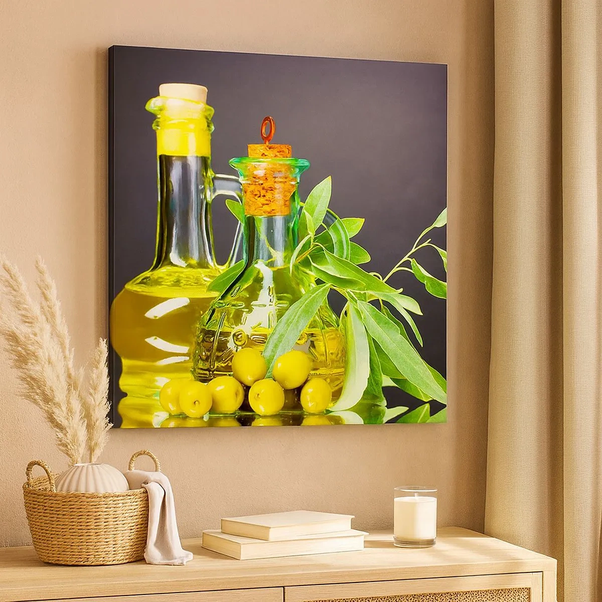 Bild auf Leinwand - Leinwandbild - Stillleben mit Oliven und Olivenöl - 30x30 cm