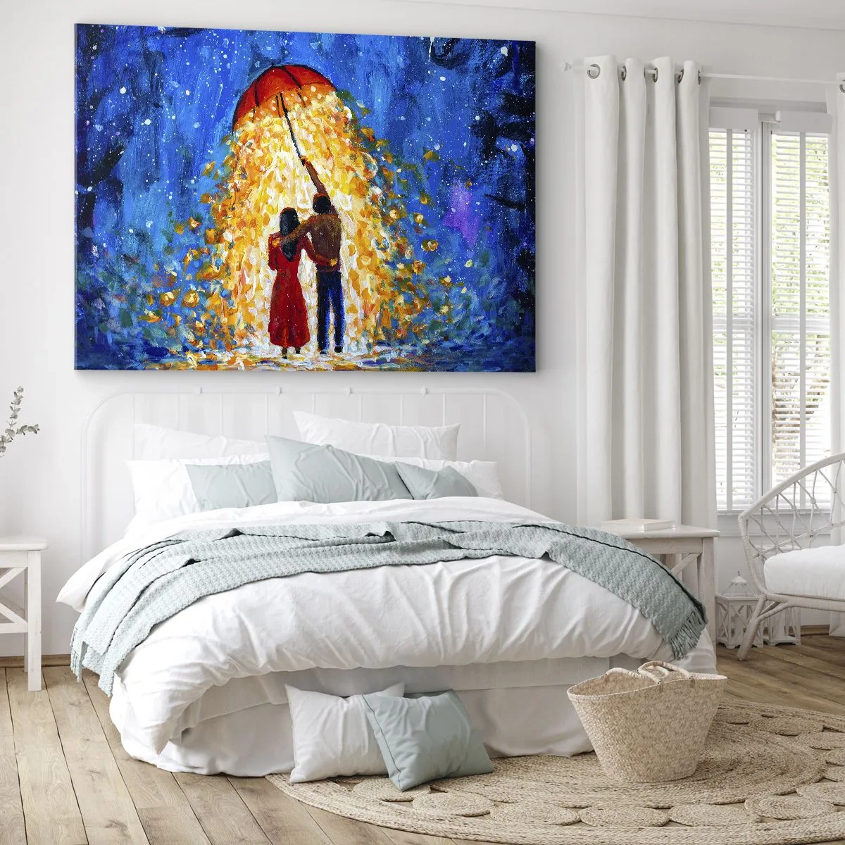 Bild auf Leinwand - Leinwandbild - Ein Paar unter einem roten Regenschirm im leuchtenden Regen - 70x50cm - Zauber eines Regenabends? - Moderne Wanddekoration für Wohnzimmer und Schlafzimmer ARTTOR