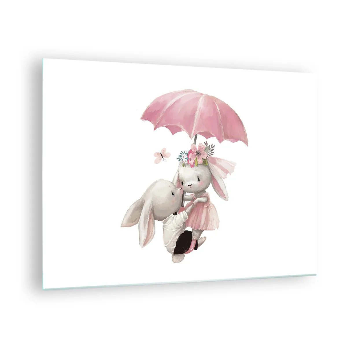 Glasbild - Bild auf glas - Zwei Kaninchen unter einem rosa Regenschirm in einer romantischen Szene - 70x50cm - Das ist eben Liebe - Moderne Wanddekoration für Wohnzimmer und Schlafzimmer ARTTOR
