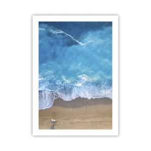 Poster - Luftaufnahme der Meereswellen, die an die Küste krachen - 50x70cm - Die Kraft des Blaus - Moderne Wanddekoration für Wohnzimmer und Schlafzimmer ARTTOR